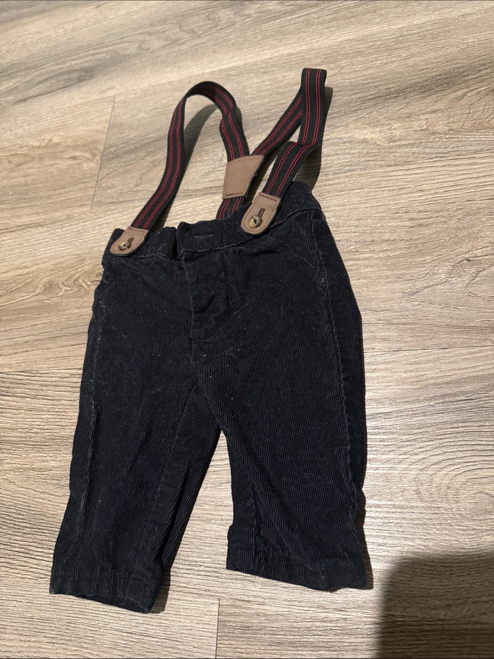 Kids Black Corduroy Overalls with Red-Trim Elastic Suspenders
